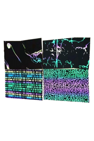 DG-CW  Multicolor Printed Reflective Stretch Fabric  Yoga Clothing  Iridescent Reflective Fabric  Silver Print Reflective Fabric  Size: Width 1.45m  Thickness: 0.45mm  Material: 100% Polyester / Polyester-Cotton / Polyester-Spandex  Reflectivity: 330-420  detail view-2